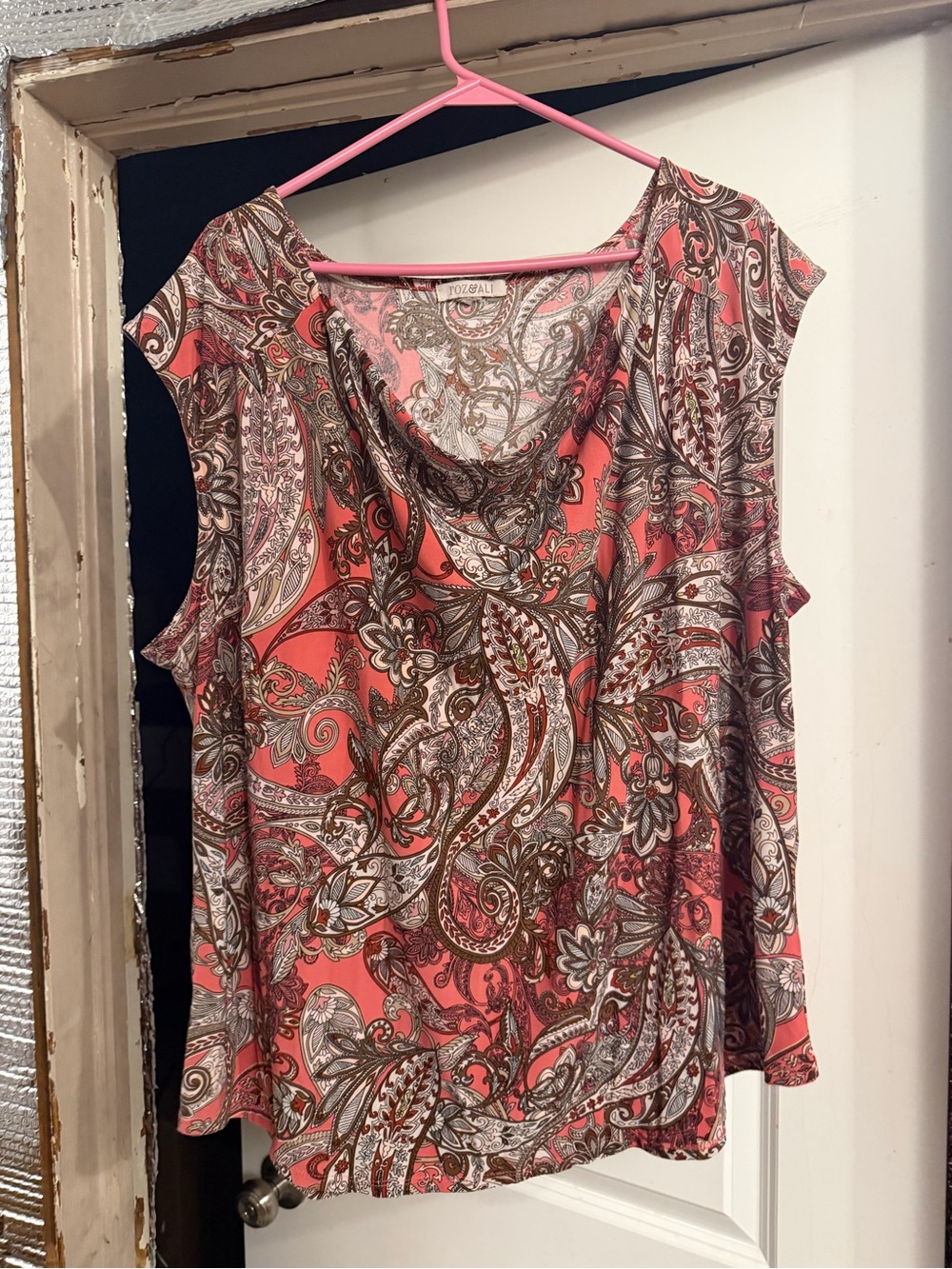 Roz & Ali Coral and Brown Paisley Cold-Shoulder Blouse